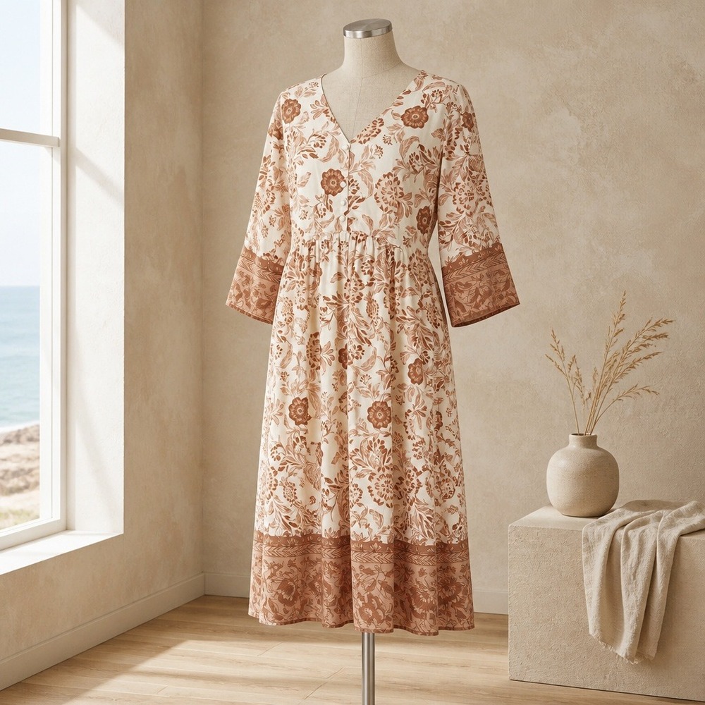 Floral V-Neck Empire Waist Midi Dress Earth Tones 3/4 Sleeve Size 2XL